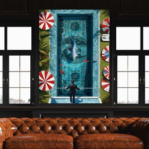 Transform your space with our Financial Freedom Wall Art. This striking printable poster or digital print features a daring investor standing beside a Money Swimming Pool, complete with 100 dollar bills and a shark circling, symbolizing the thrilling