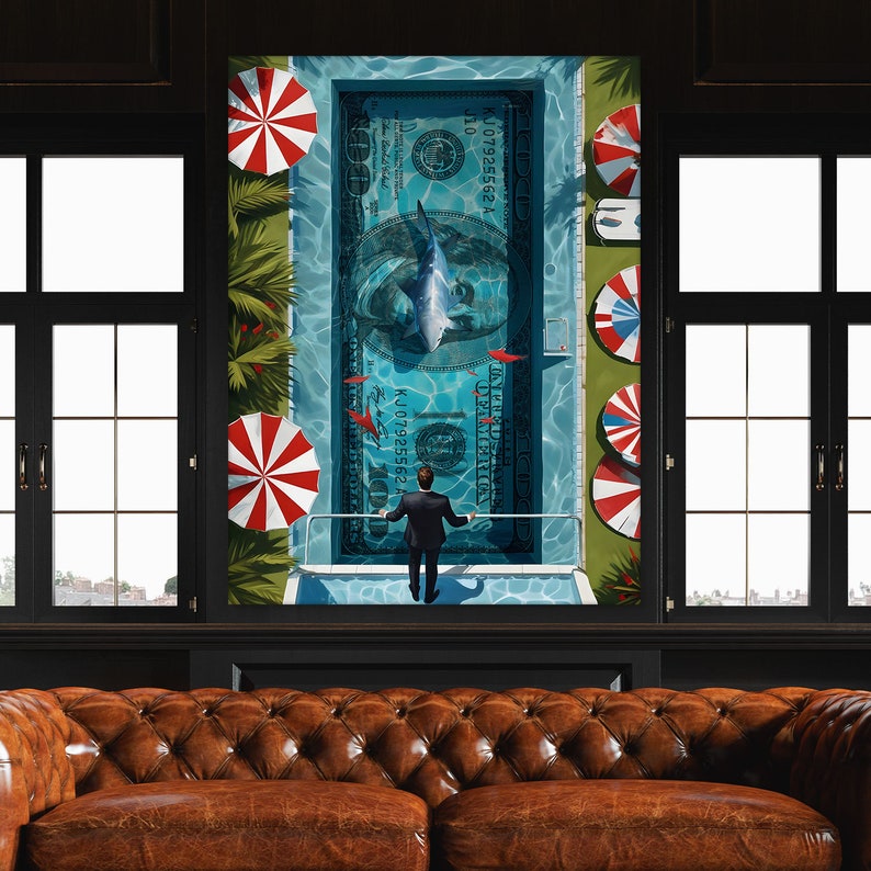 Transform your space with our Financial Freedom Wall Art. This striking printable poster or digital print features a daring investor standing beside a Money Swimming Pool, complete with 100 dollar bills and a shark circling, symbolizing the thrilling