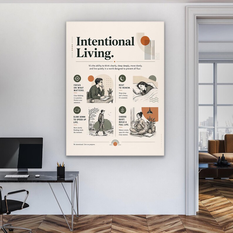 K&ouml;nnte beinhalten: Ein rechteckiges Wandposter mit cremefarbenem Hintergrund und dem Text Intentional Living. Es enth&auml;lt vier illustrierte Abschnitte mit schwarzen Strichzeichnungen von Personen, orangefarbenen und gr&uuml;nen geometrischen Akzenten und Text.
