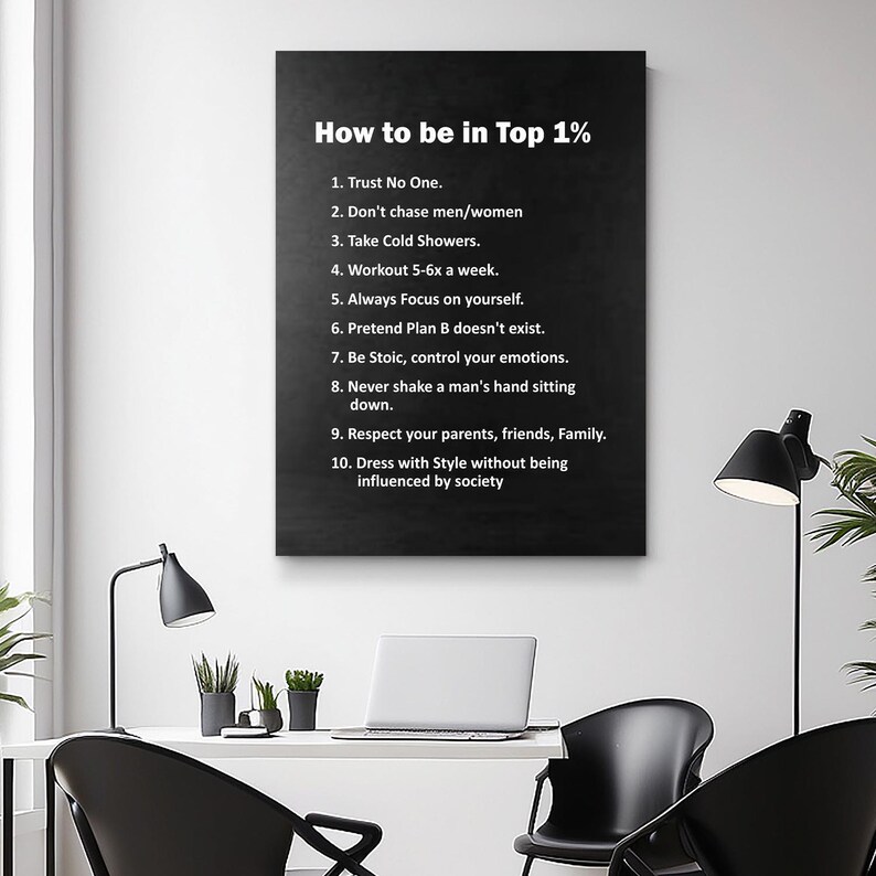 May include: A black framed canvas print with white text that reads "How to be in Top 1%" followed by a list of ten rules for success. The print is hanging on a white wall, with a desk and chair in front of it.