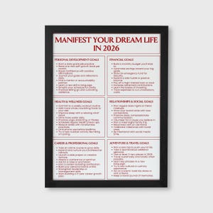 May include: A framed poster with the text "MANIFEST YOUR DREAM LIFE IN 2026" in burgundy. The poster lists goals for personal development, finances, health, relationships, career, and travel. The frame is black.
