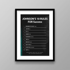 Può includere: Un poster motivazionale in bianco e nero con il testo "JOHNSON'S 10 RULES FOR Success" e un elenco di 10 regole per il successo. Il poster ha un bordo verde acqua.