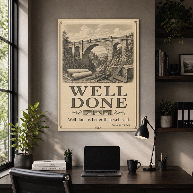 May include: A rectangular wall art print featuring a sepia-toned illustration of a stone bridge, architectural scrolls, and drafting tools. The text reads WELL DONE and Well done is better than well said. - Benjamin Franklin in black font.