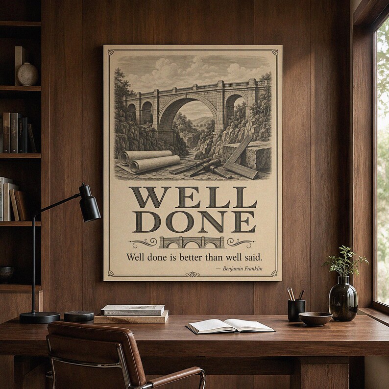 May include: A rectangular wall art print featuring a sepia-toned illustration of a stone arch bridge, architectural blueprints, and tools. The text reads WELL DONE and Well done is better than well said. &mdash; Benjamin Franklin in a serif font.