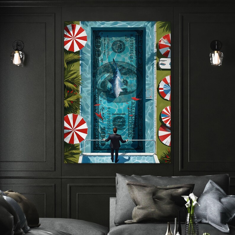 Transform your space with our Financial Freedom Wall Art. This striking printable poster or digital print features a daring investor standing beside a Money Swimming Pool, complete with 100 dollar bills and a shark circling, symbolizing the thrilling