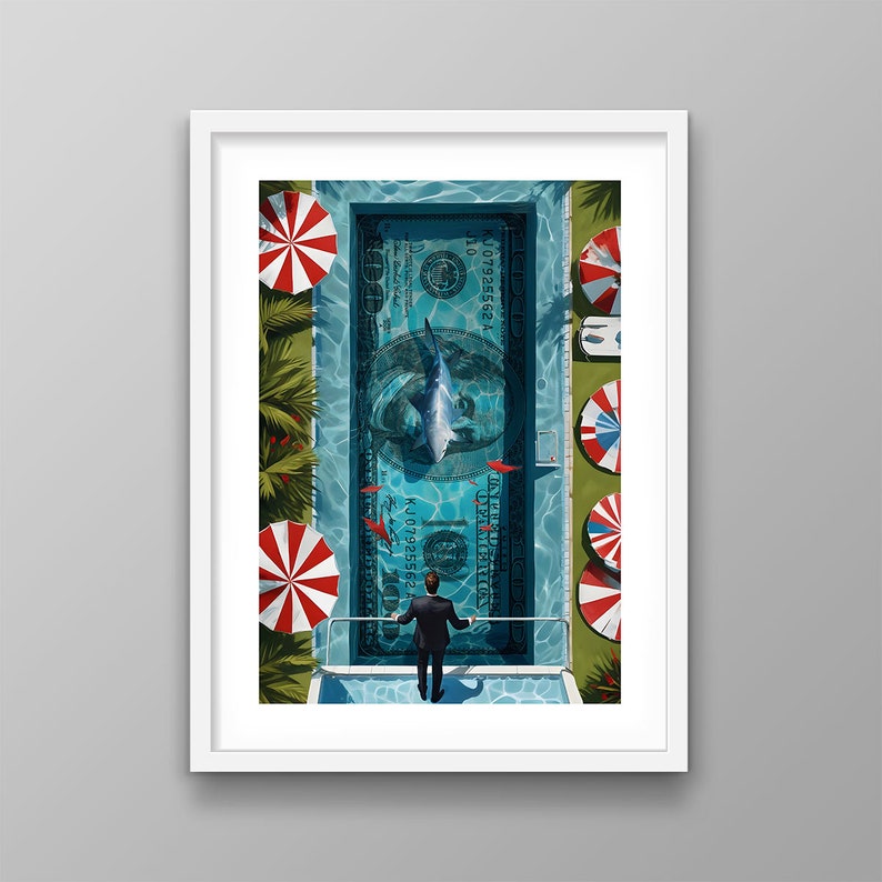Transform your space with our Financial Freedom Wall Art. This striking printable poster or digital print features a daring investor standing beside a Money Swimming Pool, complete with 100 dollar bills and a shark circling, symbolizing the thrilling