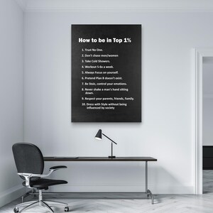 May include: A black framed poster with white text that reads "How to be in Top 1%" followed by ten rules for success. The poster hangs above a black desk with a black desk lamp and a black office chair.