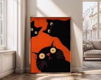 Halloween Black Cat Wall Art | Spooky Gothic Cat Poster | Creepy Cute Halloween Digital Download | Orange Black Cat Print Decor