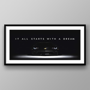 Chevrolet Camaro Dreams Wall Art stampabile, citazione motivazionale, poster di auto sportive, regalo per amanti delle auto, cartello da garage, arredamento per la casa automobilistico