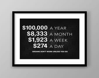 May include: A framed print with a black border and white matting. The black background features a repeating dollar bill pattern. White text displays financial goals: $100,000 a year, $8,333 a month, $1,923 a week, and $274 a day. The text "Dreams don't work unless you do" is at the bottom.