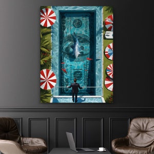 Transform your space with our Financial Freedom Wall Art. This striking printable poster or digital print features a daring investor standing beside a Money Swimming Pool, complete with 100 dollar bills and a shark circling, symbolizing the thrilling
