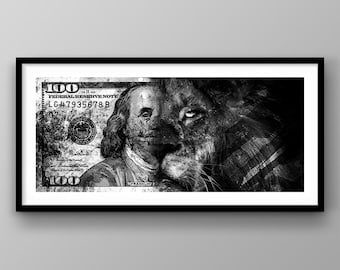 100 Dollar Bill Lion Wall Art PRINTABLE Office Decor, Hungry For Money Lion Poster, Financial Print 100 Dollar Bill Millionaire Lion Sign