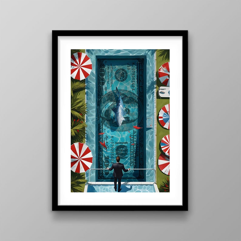 Transform your space with our Financial Freedom Wall Art. This striking printable poster or digital print features a daring investor standing beside a Money Swimming Pool, complete with 100 dollar bills and a shark circling, symbolizing the thrilling