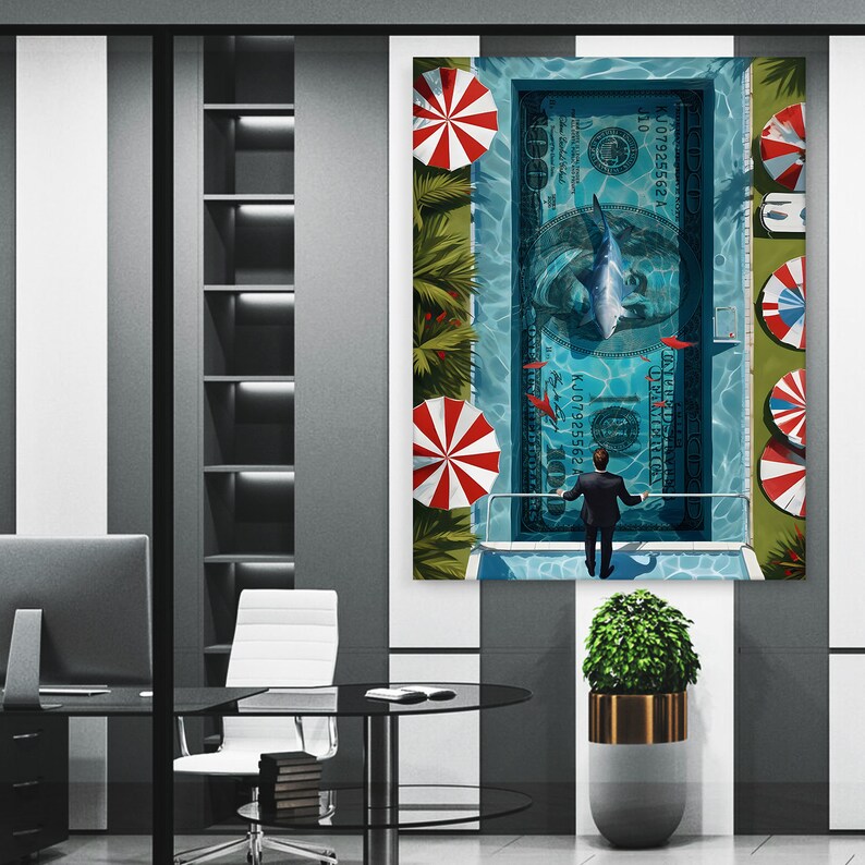 Transform your space with our Financial Freedom Wall Art. This striking printable poster or digital print features a daring investor standing beside a Money Swimming Pool, complete with 100 dollar bills and a shark circling, symbolizing the thrilling