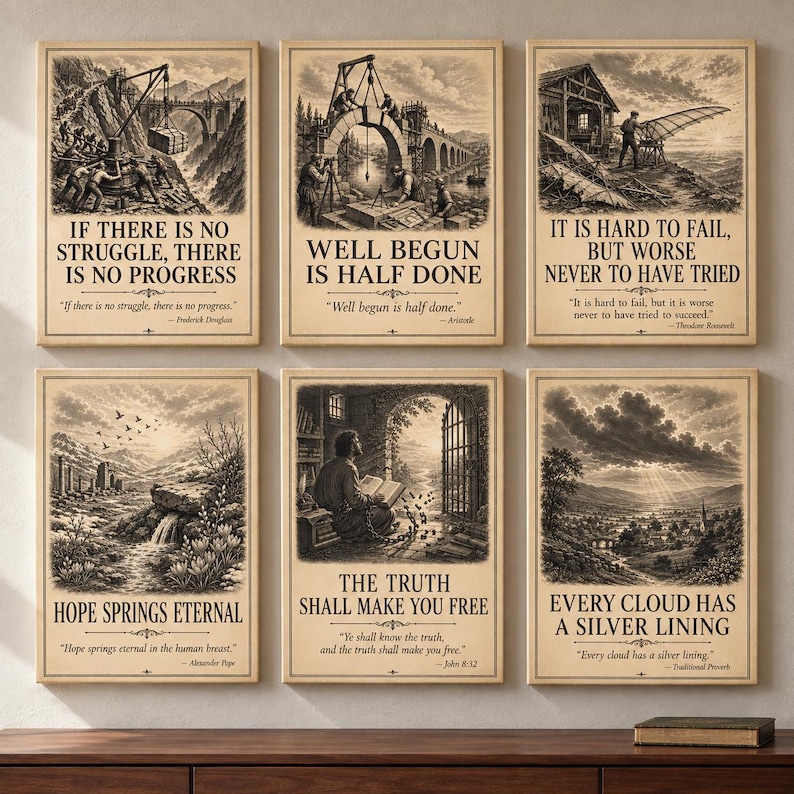 6x Vintage Motivational Wall Art Set, Inspirational Quote Prints ...