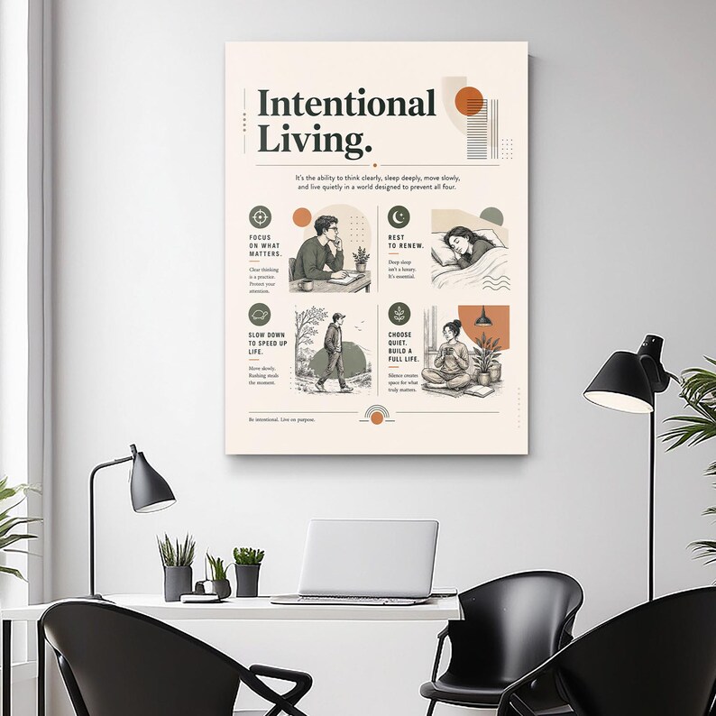 K&ouml;nnte beinhalten: Ein rechteckiges Wandposter mit dem Titel Intentional Living auf cremefarbenem Hintergrund. Es zeigt vier illustrierte Felder mit einer Person beim Arbeiten, Schlafen, Gehen und Meditieren, erg&auml;nzt durch Texte &uuml;ber Fokus, Ruhe, Entschleunigung und Stille.