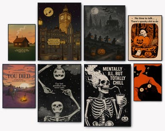 May include: A set of eight framed art prints with a Halloween theme. The prints depict a haunted house, Big Ben at night, skeletons, pumpkins, and black cats. Some prints include text such as "YOU DIED" and "MENTALLY ILL, BUT TOTALLY CHILL."