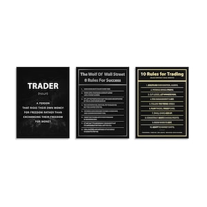 May include: Three black and white framed prints with text. The left print reads "TRADER" and defines the term. The center print lists "8 Rules For Success" from The Wolf of Wall Street. The right print lists "10 Rules for Trading".