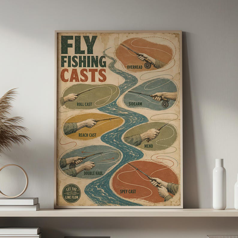 May include: A vintage-style educational poster titled FLY FISHING CASTS, featuring a central blue river graphic surrounded by six illustrations of hands holding fishing rods. Text labels include Overhead, Roll Cast, Sidearm, Reach Cast, Mend, Double Haul, Spey Cast, and Let The Line Flow.