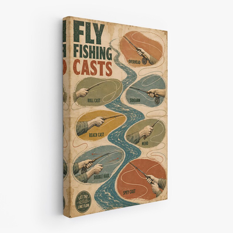 May include: A rectangular canvas wall art piece titled FLY FISHING CASTS, featuring a vintage-style illustration of various fishing techniques. The design includes a central blue river graphic surrounded by six oval diagrams showing hands holding rods.
