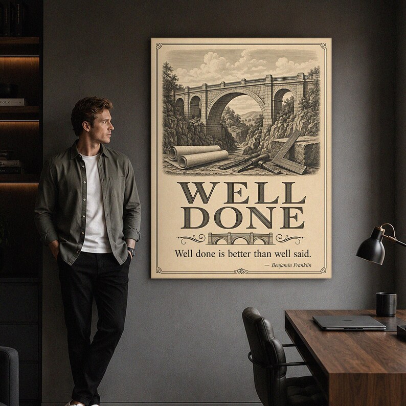 May include: A rectangular wall poster featuring a sepia-toned illustration of a stone bridge, architectural blueprints, and drafting tools. The text reads WELL DONE and Well done is better than well said. &mdash; Benjamin Franklin in a serif font.
