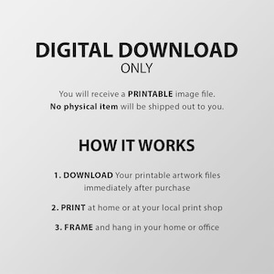 Pode incluir: Gr&aacute;fico de download digital com o texto "APENAS DOWNLOAD DIGITAL". A imagem explica que um arquivo de imagem imprim&iacute;vel ser&aacute; recebido e nenhum item f&iacute;sico ser&aacute; enviado. As instru&ccedil;&otilde;es sobre como baixar, imprimir e emoldurar a obra de arte tamb&eacute;m est&atilde;o inclu&iacute;das.