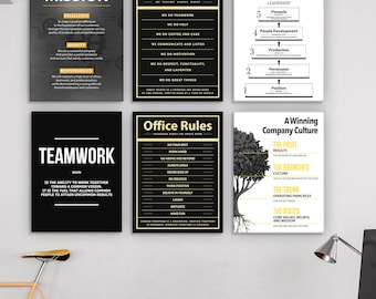 Conjunto de 6 pôsteres de arte para parede de escritório corporativo, incluindo pôsteres motivacionais para negócios, pôsteres com regras do ambiente de trabalho e citações inspiradoras sobre liderança. Disponível para download digital.