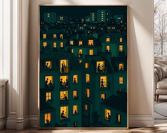 May include: A framed art print depicts a nighttime cityscape with teal buildings and warm yellow illuminated windows. Silhouetted figures are visible in the windows, suggesting various activities. The artwork has a dark, moody atmosphere, with a focus on urban life.
