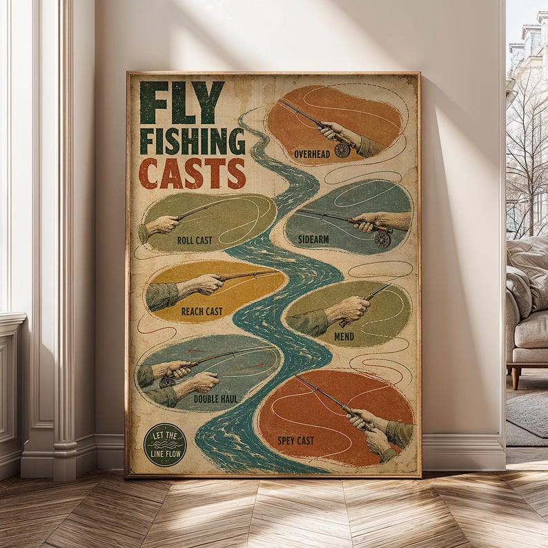 May include: A vintage-style poster titled FLY FISHING CASTS featuring a central blue river illustration surrounded by six circular diagrams showing different techniques: Overhead, Roll Cast, Sidearm, Reach Cast, Mend, Double Haul, and Spey Cast.