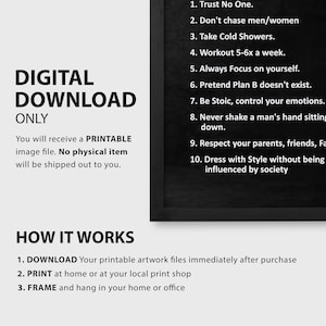 May include: A digital download print with a black frame. The print features a list of ten rules in white text, including "Trust No One" and "Workout 5-6x a week." The words "DIGITAL DOWNLOAD ONLY" are at the top. Instructions on how to download, print, and frame the artwork are also included.