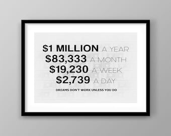 May include: Black framed print with white background. Text reads: "$1 MILLION A YEAR, $83,333 A MONTH, $19,230 A WEEK, $2,739 A DAY." Below the numbers is the text: "DREAMS DON'T WORK UNLESS YOU DO."