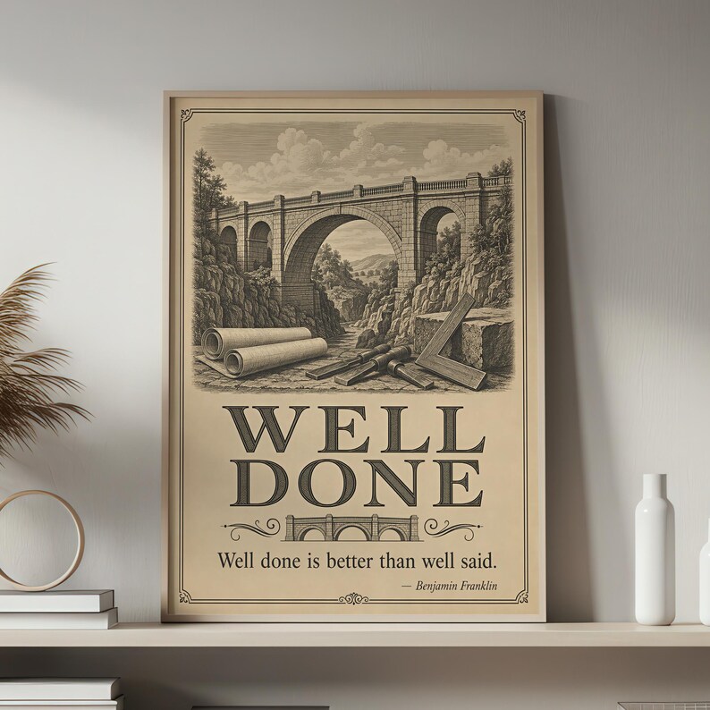 May include: A rectangular wall art print featuring a sepia-toned illustration of a stone bridge, architectural scrolls, and drafting tools. The text reads WELL DONE and Well done is better than well said. &mdash; Benjamin Franklin in black font.