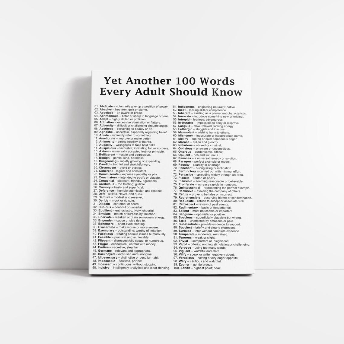 100 Vocabulary Words Poster, Educational Wall Art, Digital Download ...