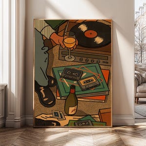 May include: A framed illustration depicts a retro scene with a record player, vinyl record, and cassette tapes. A person is holding a glass of wine. The artwork features a color palette of brown, green, and orange.