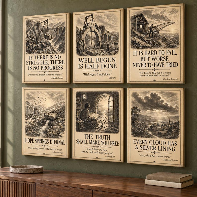 6x Vintage Motivational Wall Art Set, Inspirational Quote Prints ...