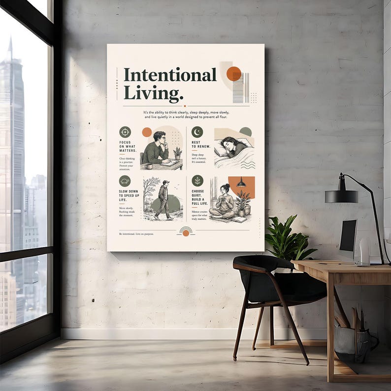 K&ouml;nnte beinhalten: Ein vertikales Wandposter mit dem Titel Intentional Living auf cremefarbenem Hintergrund mit schwarzem Text. Es zeigt vier illustrierte Felder zu Fokus, Ruhe, Entschleunigung und Stille, akzentuiert durch orangefarbene und gr&uuml;ne geometrische Formen.