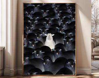 Art mural mouton blanc parmi les moutons noirs, se démarquer de la foule en téléchargement numérique, affiche minimaliste motivante, art imprimable moderne