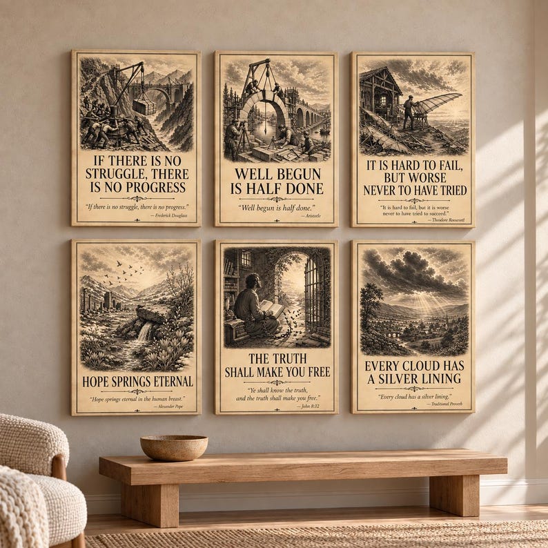 6x Vintage Motivational Wall Art Set, Inspirational Quote Prints ...