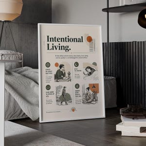 K&ouml;nnte beinhalten: Ein rechteckiger Wandkunstdruck mit cremefarbenem Hintergrund und dem Text Intentional Living. Das Design enth&auml;lt vier illustrierte Felder, die t&auml;gliche Aktivit&auml;ten darstellen, akzentuiert durch orangefarbene, gr&uuml;ne und schwarze Grafiken.