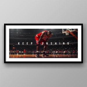 Inspirująca sztuka ścienna do koszykówki, motywująca dekoracja sportowa do biura, siłowni, pokoju dziecięcego, plakat Hustle Grind do druku, cytat Keep Pushing