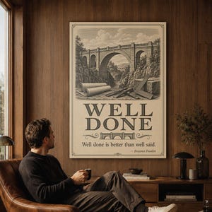 May include: A rectangular wall poster featuring a sepia-toned illustration of a stone arch bridge, architectural scrolls, and drafting tools. The text reads WELL DONE and Well done is better than well said. - Benjamin Franklin.