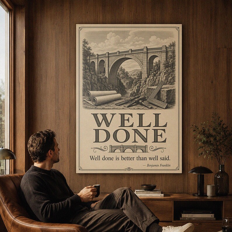 May include: A rectangular wall poster featuring a sepia-toned illustration of a stone arch bridge, architectural scrolls, and drafting tools. The text reads WELL DONE and Well done is better than well said. - Benjamin Franklin.