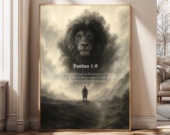 Lion of Judah Christian Art, Joshua 1:9 Scripture Print, Bible Verse Digital Download, Inspirational Christian Decor, Faith Home Artwork