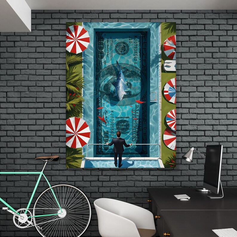 Transform your space with our Financial Freedom Wall Art. This striking printable poster or digital print features a daring investor standing beside a Money Swimming Pool, complete with 100 dollar bills and a shark circling, symbolizing the thrilling