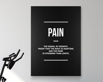 Puede incluir: Un póster negro con la palabra "PAIN" en blanco. El texto debajo dice: "LA SEÑAL DE CRECIMIENTO. PRUEBA DE QUE EL CUERPO SE ADAPTA Y LA MENTE ES MÁS FUERTE QUE LOS LÍMITES."