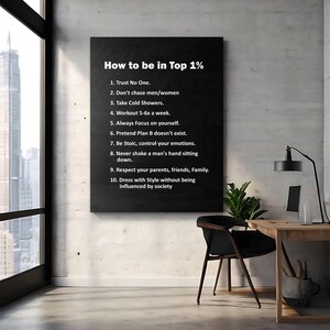 May include: A black framed canvas displays the text "How to be in Top 1%" followed by a list of ten rules. The canvas is mounted on a white wall in a room with a window, desk, and chair.