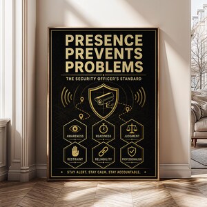 Puede incluir: Un póster negro con texto y gráficos dorados. El texto dice: PRESENCE PREVENTS PROBLEMS, THE SECURITY OFFICER'S STANDARD, AWARENESS, READINESS, JUDGMENT, RESTRAINT, RELIABILITY, PROFESSIONALISM y STAY ALERT. STAY CALM. STAY ACCOUNTABLE.
