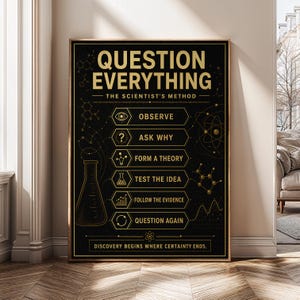 May include: A black rectangular wall poster featuring gold text and scientific illustrations. The text reads "QUESTION EVERYTHING THE SCIENTIST'S METHOD" followed by six steps: "OBSERVE", "ASK WHY", "FORM A THEORY", "TEST THE IDEA", "FOLLOW THE EVIDENCE", and "QUESTION AGAIN".