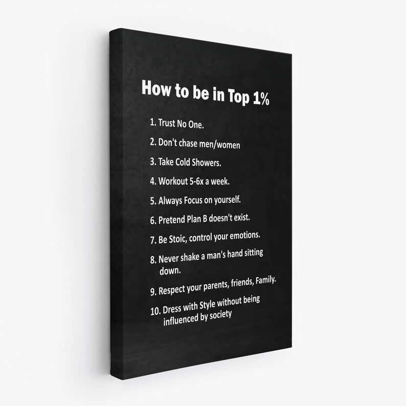 May include: A black canvas print with white text that reads "How to be in Top 1%" followed by a numbered list of ten points. The print has a textured appearance and is displayed at an angle against a white background.