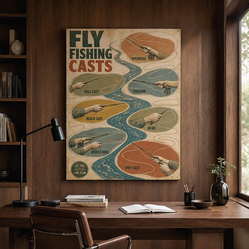 May include: A rectangular wall poster titled FLY FISHING CASTS with a central blue river graphic. It features six illustrations of hands holding fishing rods demonstrating techniques labeled Overhead, Roll Cast, Sidearm, Reach Cast, Mend, Double Haul, and Spey Cast.